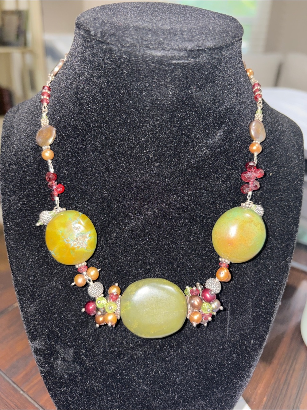 Handcrafted Green and Amber Beaded Statement Necklace